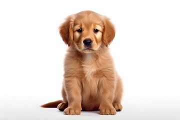 A cute puppy of a golden retriever sits on a white background. AI generated