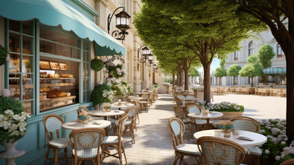A picturesque outdoor caf&eacute;, adorned with charming patisserie treats on display, where patrons can enjoy their coffee accompanied by beautiful pastries and the gentle breeze Generative AI