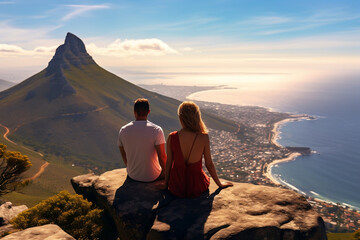 Naklejka premium A couple sitting on mountain with view of Lions Head Mountain Cape Town summer hike