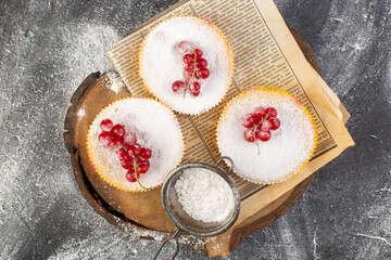 Fototapeta na wymiar top view delicious cranberry cakes with red cranberries on top sugar pieces and powder grey desk cake biscuit sweet bake