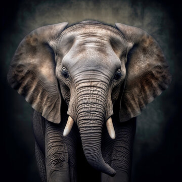 A massive savannah elephant, a large head, a short neck, huge ears, incisors and a muscular trunk close-up on a black background. Generative AI
