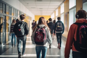 Photo of students, walking down corridor at school, by Generative AI