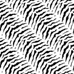 Zebra seamless pattern. Tiger print. Repeating animal skin texture. Black stripe jungle isolated on white background. Repeated abstract wave. Repeat hand drawn design for prints. Vector illustration