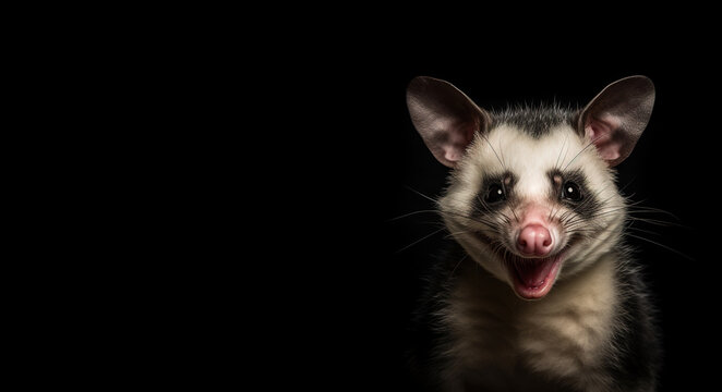 Studio portrait of a smiling possum on a black background. Virginia Opossum (Didelphis virginiana). Wild exotic animal on a horizontal banner. Generative AI.