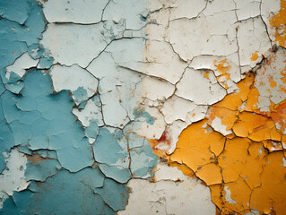 Dramatic capture of the texture of cracked paint on an old wall, showcasing a palette of weathered pastel colors, perfect as a backdrop