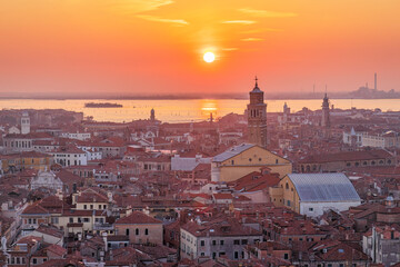 Fototapeta na wymiar Top view of Venice from the St. Mark's Campanile tower at sunset, Italy, Europe.