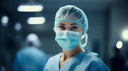 Hyperrealistic photograph, a dedicated female surgeon in the midst of a critical operation, under the bright surgical lights, surgical mask on, eyes focused and determined, instruments in hand.