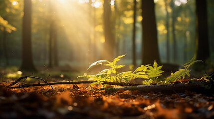 Hyper - realistic photograph of a tranquil forest during golden hour, rich autumn hues, sun beams piercing through the dense foliage