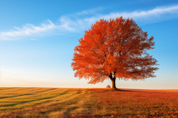 Naklejka na ściany i meble Hyper - realistic photography, a solitary tree in an open field during Autumn, leaves transitioning from green to a mix of red, orange, and yellow, crisp clear blue sky in the background, light breezy