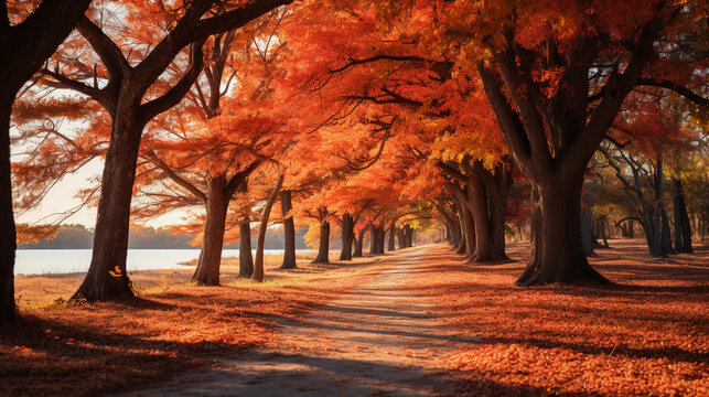 Hyper - realistic photograph of a tranquil autumn scene: a carpet of fiery red and orange leaves under majestic oak trees, sun filtering through the branches, casting dappled light on the leaf - strew