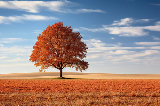 Hyper - realistic photography, a solitary tree in an open field during Autumn, leaves transitioning from green to a mix of red, orange, and yellow, crisp clear blue sky in the background, light breezy