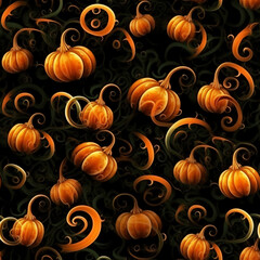 Seamless pattern of orange pumpkins on black background for fabric, wallpaper or home decor. Children's illustration in cartoon style. AI generated image.