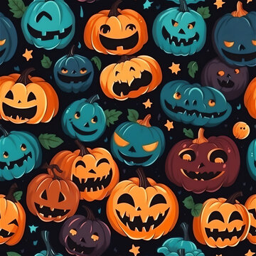 Seamless pattern of orange Halloween pumpkins in jack-o'-lantern style on black background for fabric, wallpaper or home decor. Children's illustration in cartoon style. AI generated image.