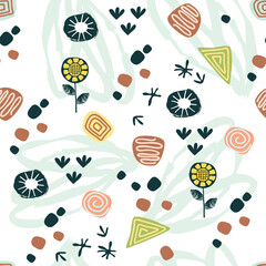Hand drawn shapes colorful seamless pattern.Rough stripes, dots, grunge spots and flowers.Organic abstract background for printing on fabric and paper.Modern collage vector illustration on white.
