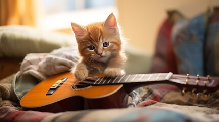 tabby kitten playing guitar. - obrazy, fototapety, plakaty
