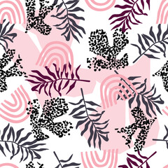 Abstract collage seamless pattern with floral element,arches,textures.Organic creative background with hand drawn shapes,dots and lines.Pink,gray and black colors on white.Modern vector illustration.
