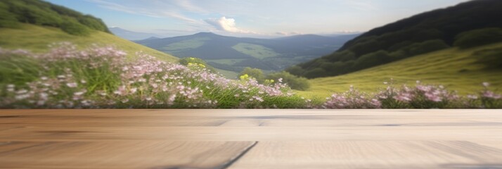 Fototapeta premium Wooden table top against the background of green high mountains and spring flowers and sky