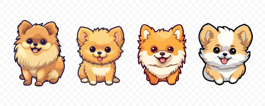 Pomeranian Spitz dog. Smiling pom dog stickers set. Very cute generative ai illustration of toy dog.