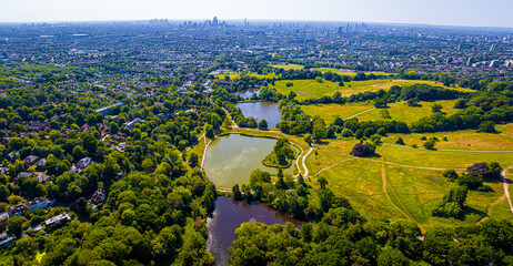 Aerial view of Hampstead Heath, a grassy public space and one of the highest points in London,...