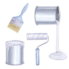 A full can of white paint is leaking, roller, brush, repair tool. Decorating interior, repainting walls color. Hand drawn watercolor illustration isolated on background