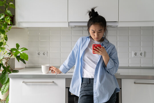 Upset young Asian woman standing in kitchen holding mobile phone, reading unpleasant sms on cellphone, receiving message with bad news. Dissatisfied Korean girl at home looking at smartphone screen