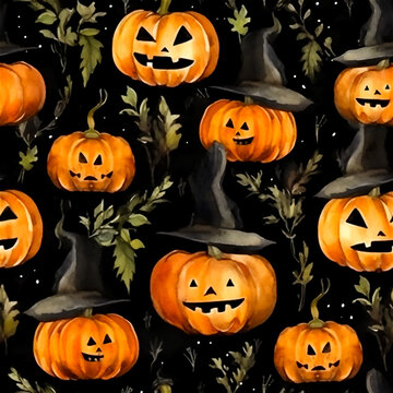 Seamless pattern of orange Halloween pumpkins in black witch hats on black background for fabric, wallpaper or home decor. Children's illustration in cartoon style. AI generated image.