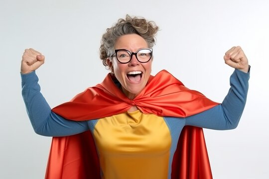 Portrait of happy mature woman in superhero costume on white background.