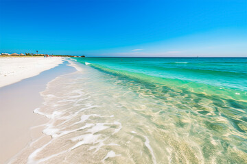Fototapeta premium Sugar white sand beach in Florida in a hot summer days, generative ai
