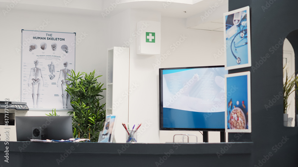 Poster empty registration counter in facility, hospital reception front desk filled with checkup forms and 