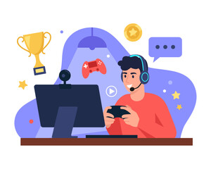 Vector illustration of a guy playing video games. Cartoon scenes with a smiling guy sitting in headphones at a computer, holding a joystick and playing video games, will receive awards, pass levels.