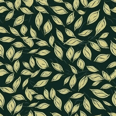 Seamless pattern abstract organic design of basil leaves on dark green background. AI generated