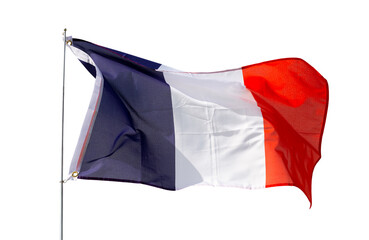 Large flag of France fixed on metal stick waving. Isolated over white background