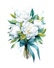 Bouquet of white peonies tied with blue ribbon isolated on white background in watercolor style. Generative AI.