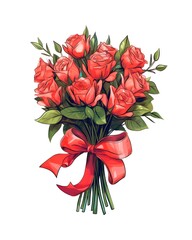 Bouquet of red roses tied with red ribbon isolated on white background. Generative AI.