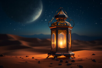 An Islamic background for religious occasions, a luminous lantern with desert sand at night