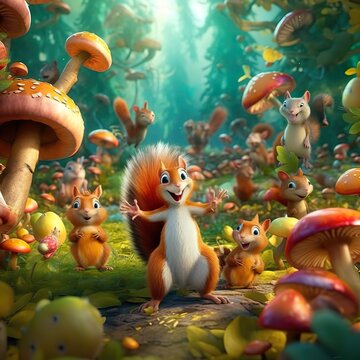 Tiere im Wald Cartoon 3D Pilze Eichh&ouml;rnchen KI generiert
