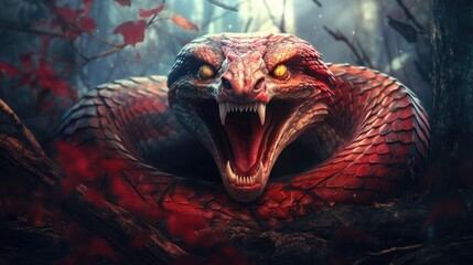 The snake is on a dark forest floor with eyes that are red