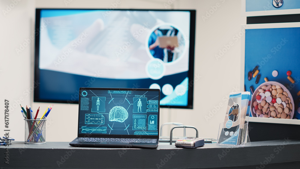 Poster registration desk with brain on laptop, showing neurology x ray scan, radiography of brain used for 