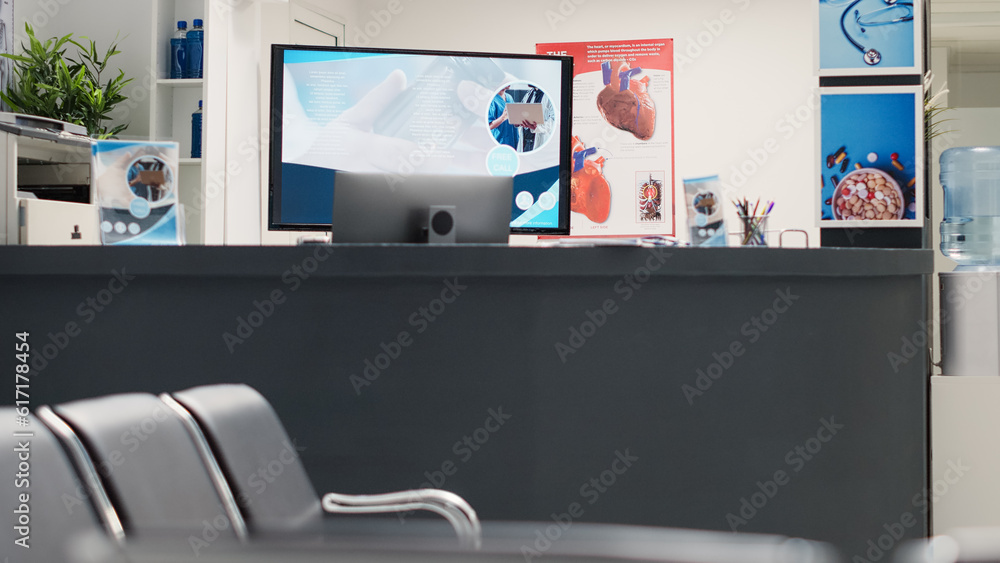 Poster hospital reception lobby with forms on front desk, papers used for registration before checkup appoi