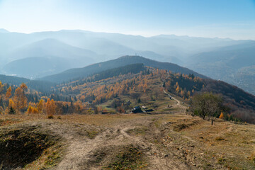 Carpathian Mountains Autumn Landscape in Sunny Day