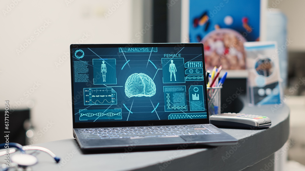 Poster empty reception counter with laptop running neural system tomography, radiography of human brain on 