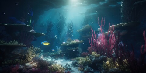 Fototapeta na wymiar Undersea world. Coral reef and fish. Generative AI