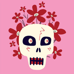 Cute creepy skull with flowers. Halloween Illustration in a modern childish hand-drawn style
