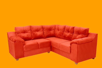 sofa, comfortable red soft long chair isolated on orange background