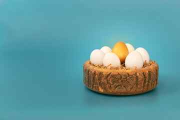 Gold egg between white eggs in nest on blue background.  Lucky concept.