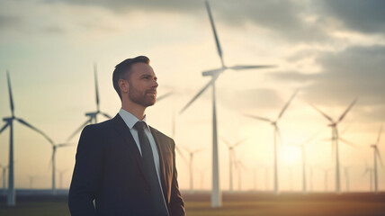 Man standing in front of wind turbine, business man, CSR, company social responsability, ecology at work, future, clean energy, made with generative AI - obrazy, fototapety, plakaty