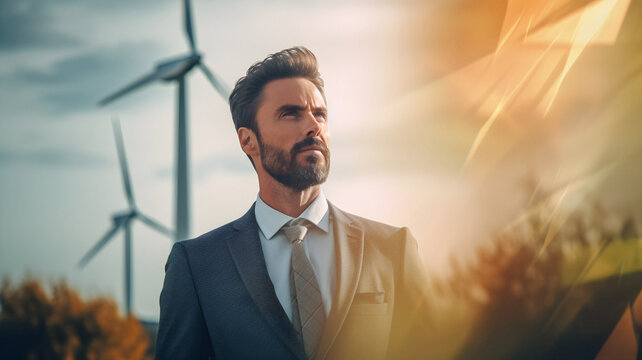Man standing in front of wind turbine, business man, CSR, company social responsability, ecology at work, future, clean energy, made with generative AI