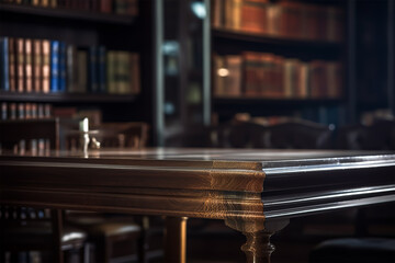 Dark empty wooden table and blurred dark law library in background with copy space, national book lover day, generative ai