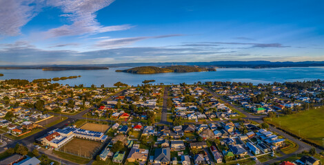 Aerial views over Swansea, a town at the entrance to Lake Macquarie in NSW, Australia.