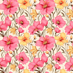 Illustration, AI generation. Floral background, colorful seamless pattern.